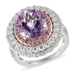 Rose De France Amethyst with Lotus Garnet & Moissanite with Triple Halo Ring
